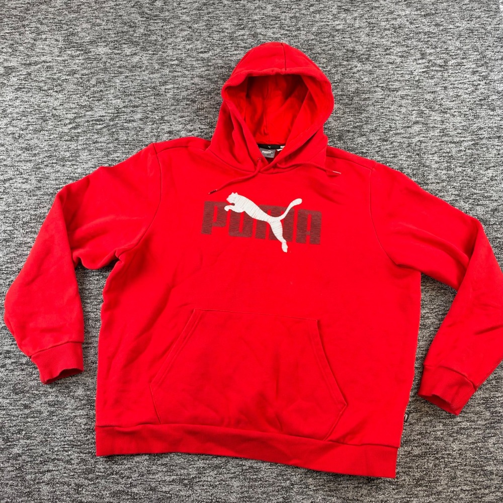 Puma Hoodie Mens XL Red Big Logo Fleece Pullover Sweatshirt Kangaroo Pocket